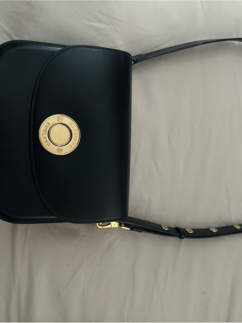 Burberry Black Leather Shoulder Bag with Gold-Tone Disc